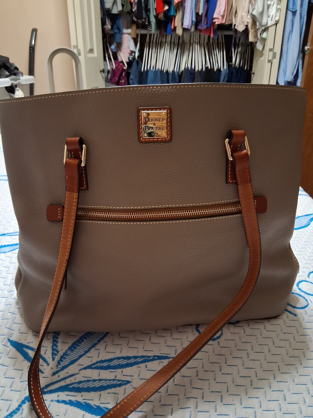 Dooney & Bourke Taupe Pebbled Leather Tote with Brown Straps